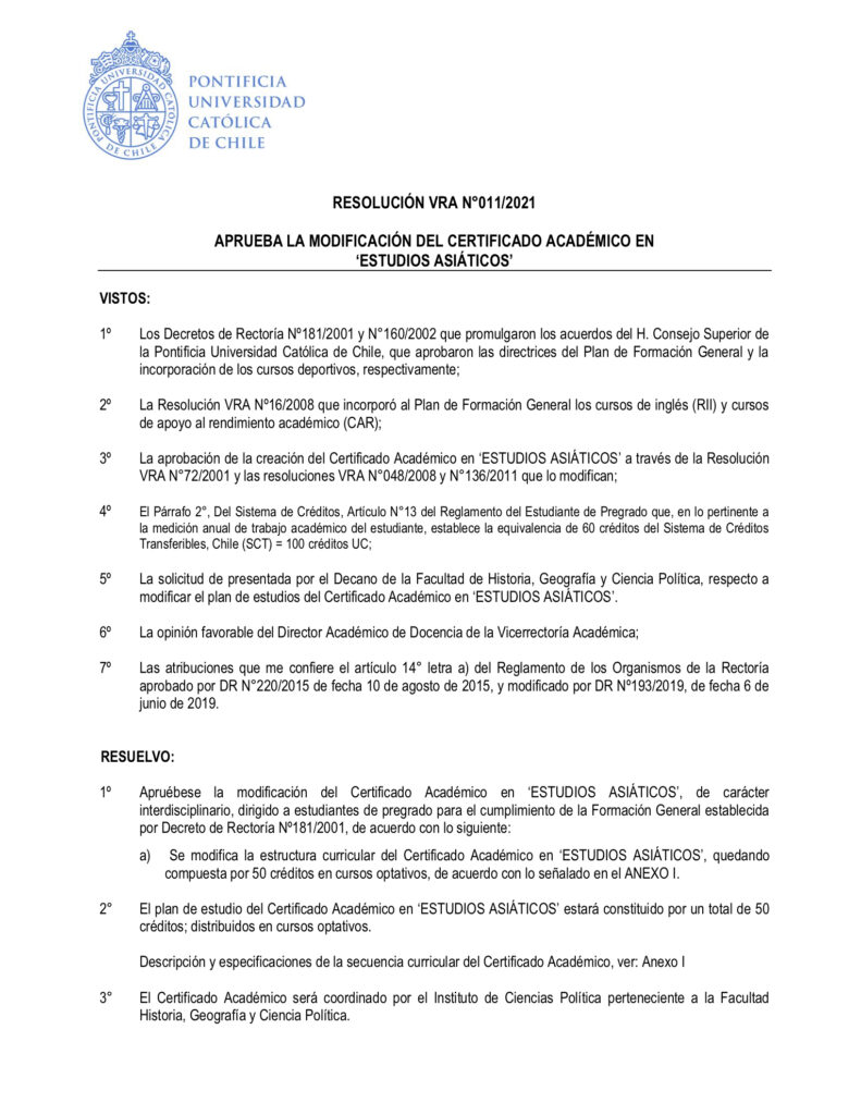 Se aprobó la modificación del Certificado Académico en Estudios Asiáticos (Resolución VRA N˚011/2021)